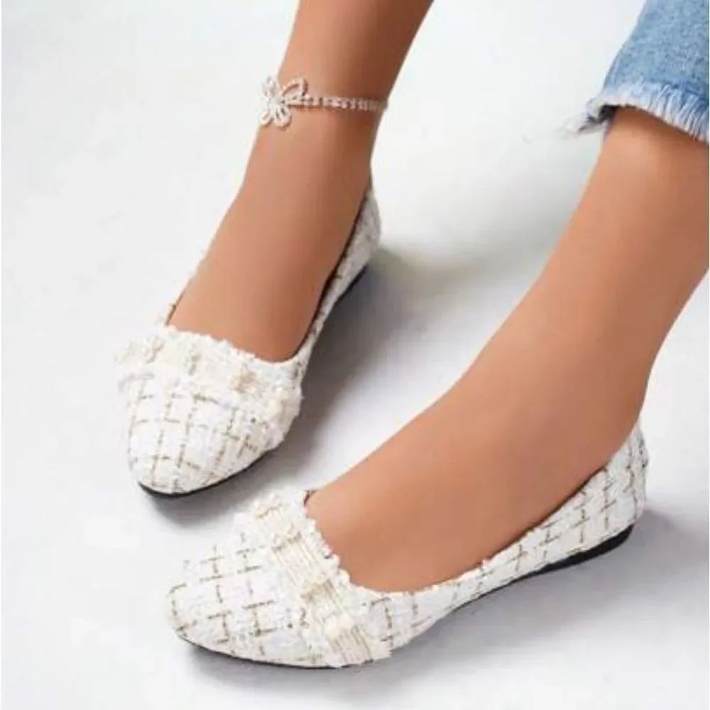 BRAND NEW SIFAYF FAUX PEARL   ELEGANT BALLET PLAID PATTERN TWEED BALLET FLAT
